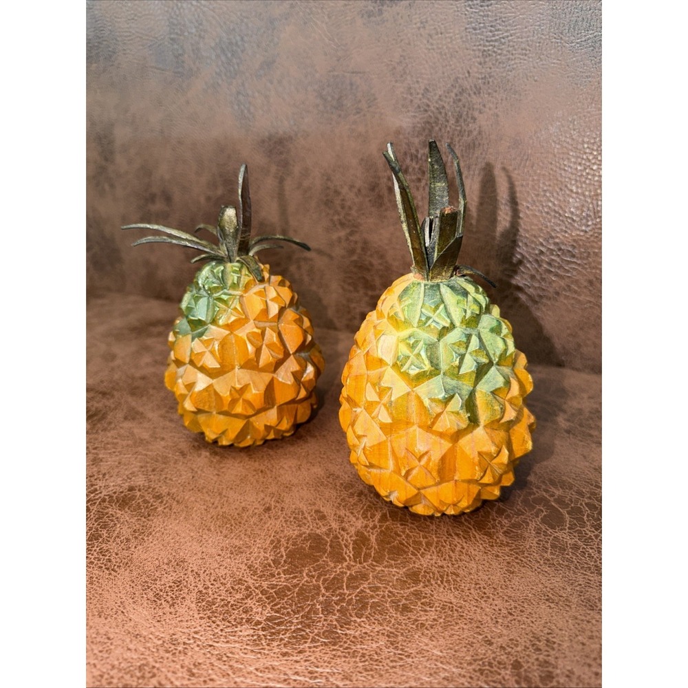 Set Of 2 Vintage Hand Carved Wooden Pineapples Leather Stems 6" Tall